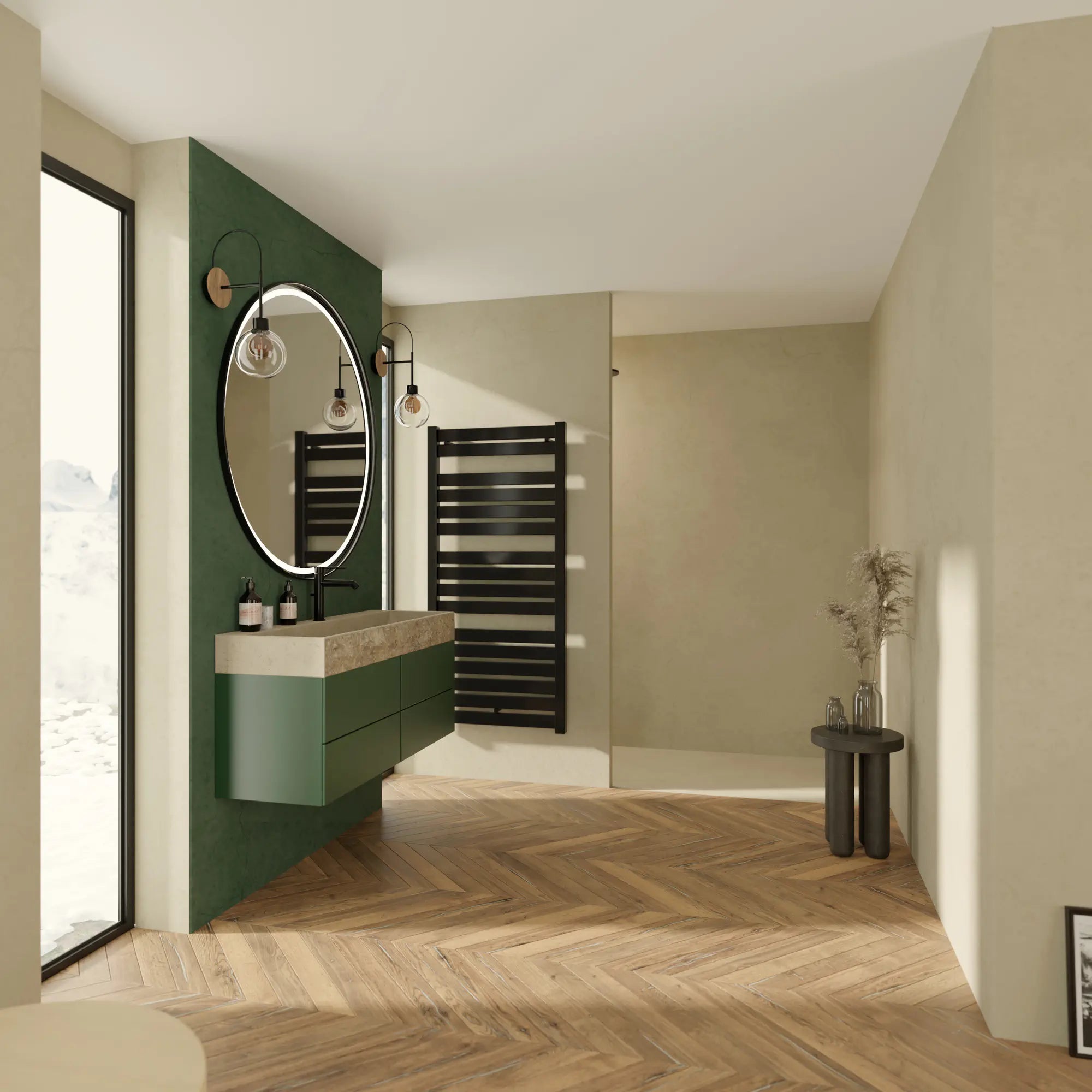 Salle de bain contemporaine avec plan vasque en pierre naturelle crème Moléanos, meuble vert suspendu, miroir ovale lumineux, mur vert, parquet chevron, robinetterie noire, ambiance nature